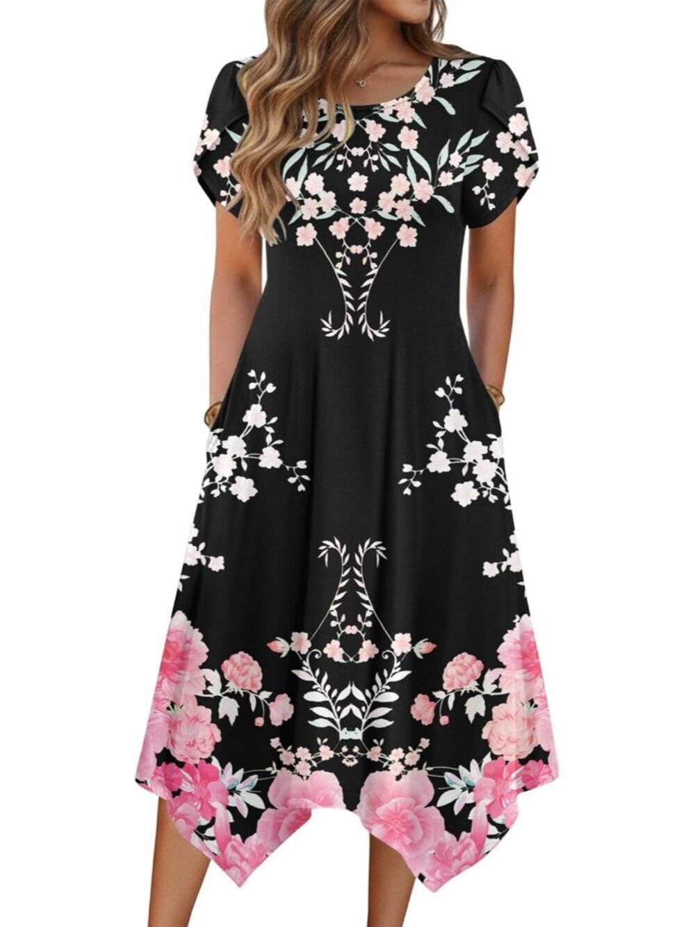 Women Black/Pink Floral Midi Dress Short Sleeve Pockets Loose Flowy Beach Dress